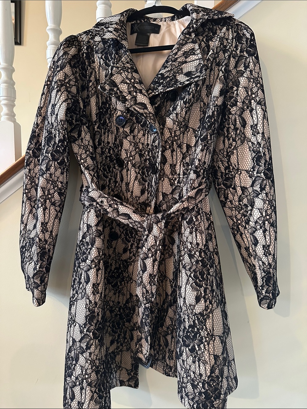 Kardashian Black Lace Overlay on Nude Trench Coat